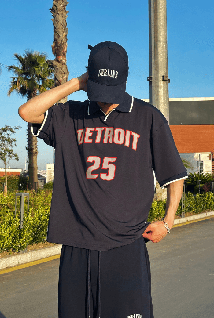 Detroit Baskılı Polo Yaka Premium Oversize Jersey