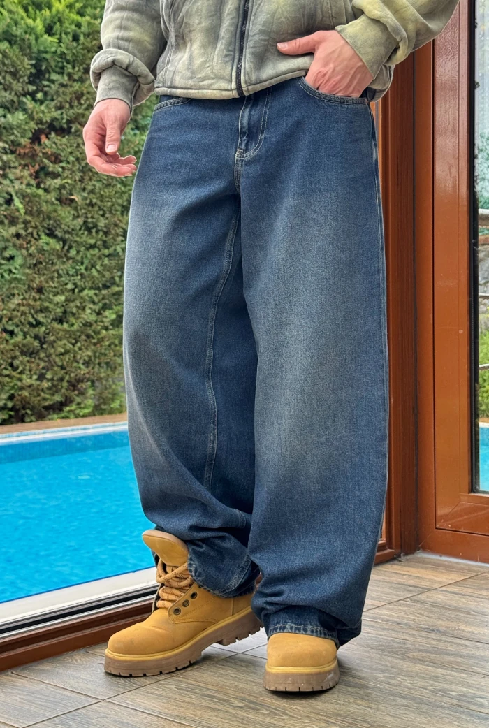 Koyu Mavi Eskitmeli Extra Baggy Pantolon