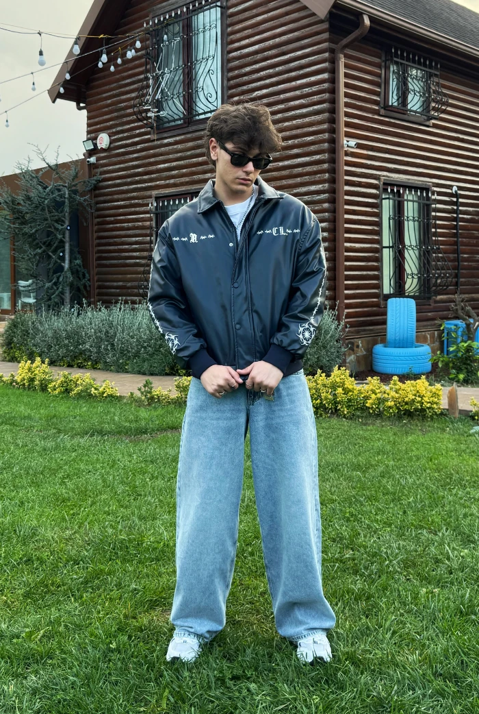 Premium Nakış Detaylı Bomber Oversize Deri Ceket