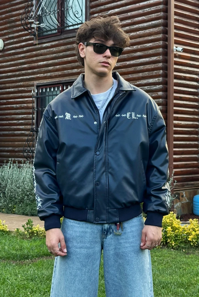 Premium Nakış Detaylı Bomber Oversize Deri Ceket