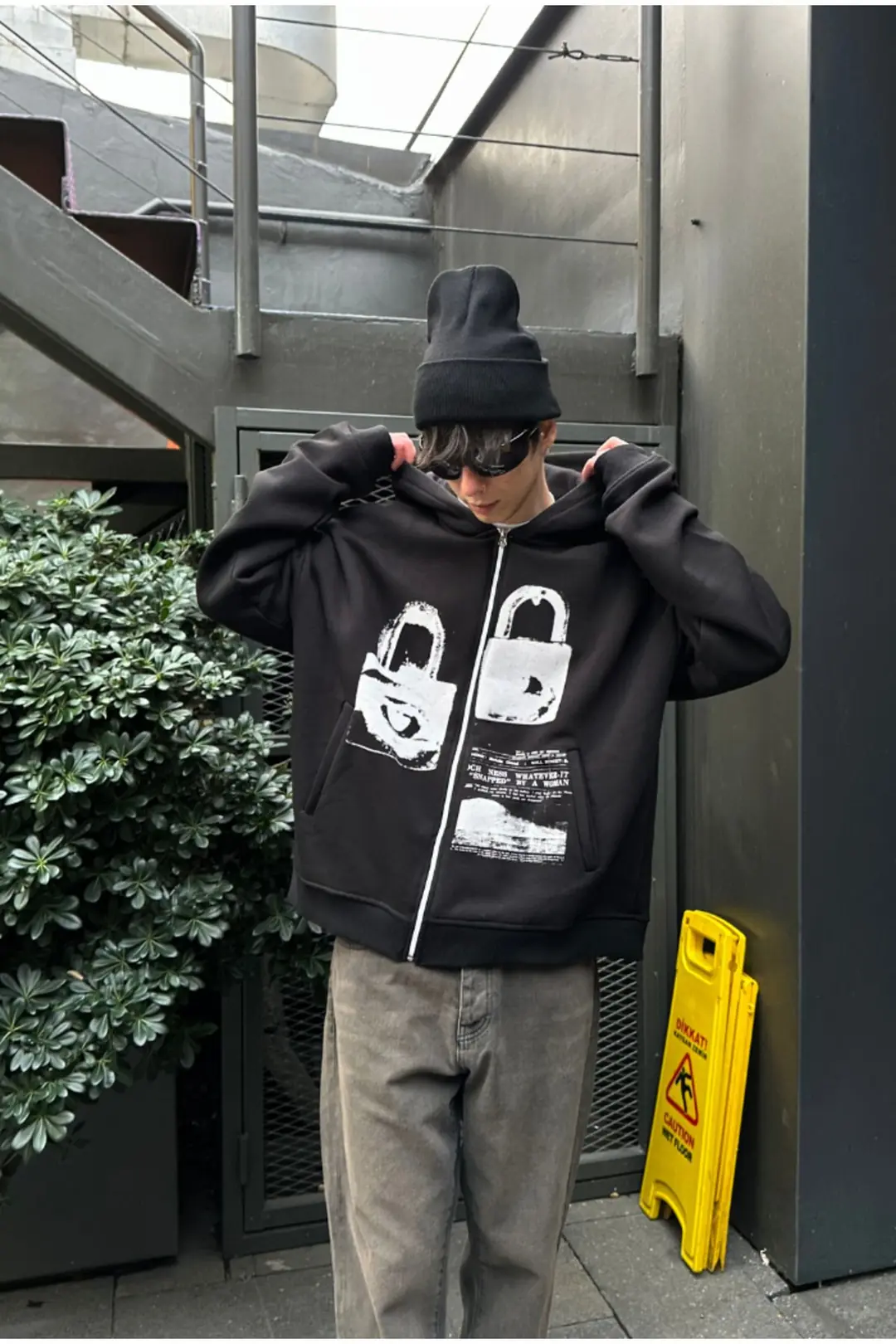 Lock Printed Siyah Oversize Zip Hoodie