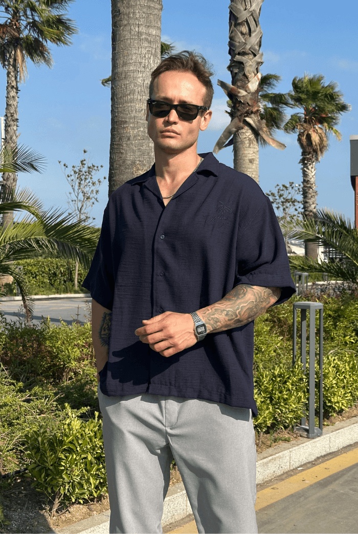 Paradise Nakışlı Premium Oversize Gömlek - Lacivert
