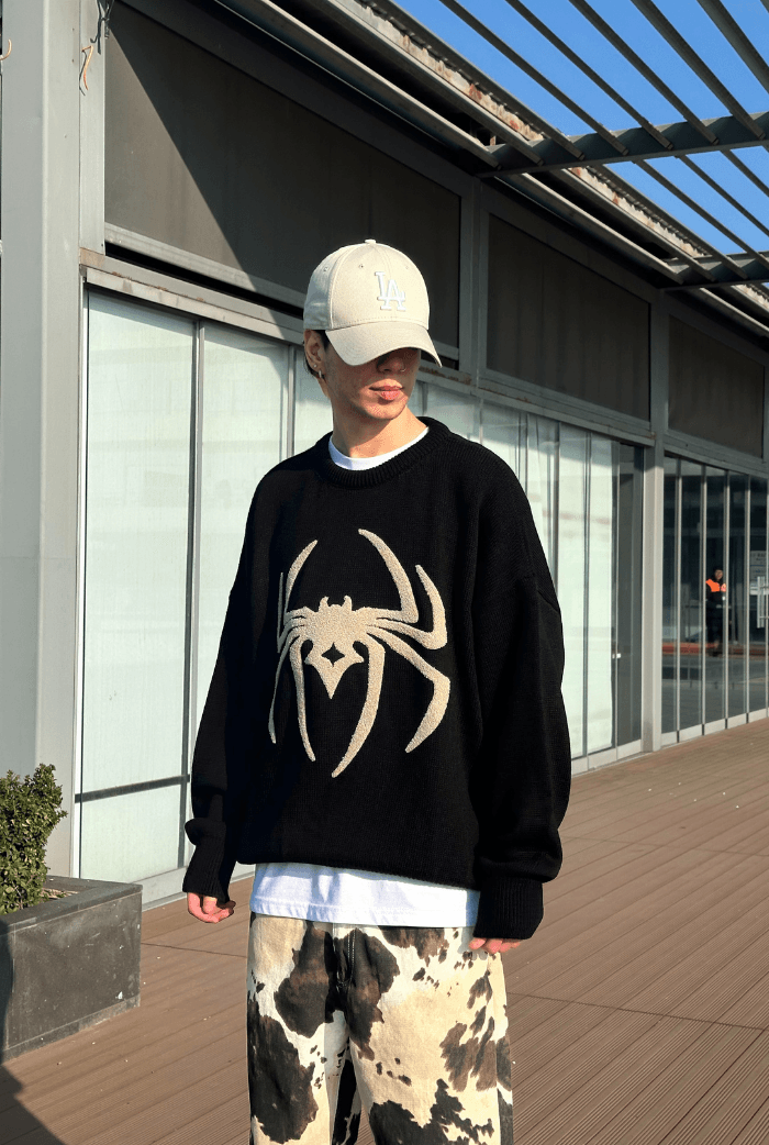Spider Baskılı Oversize Premium Kazak