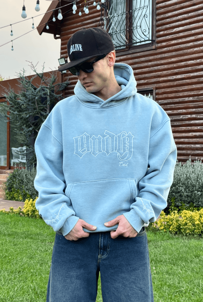 ANDY Acid Wash Nakış Baskılı Oversize Hoodie - Buz Mavisi