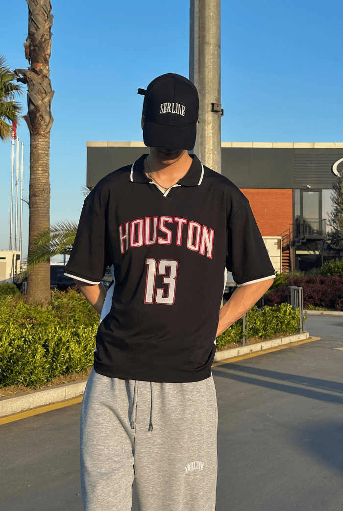 Houston Baskılı Polo Yaka Premium Oversize Jersey