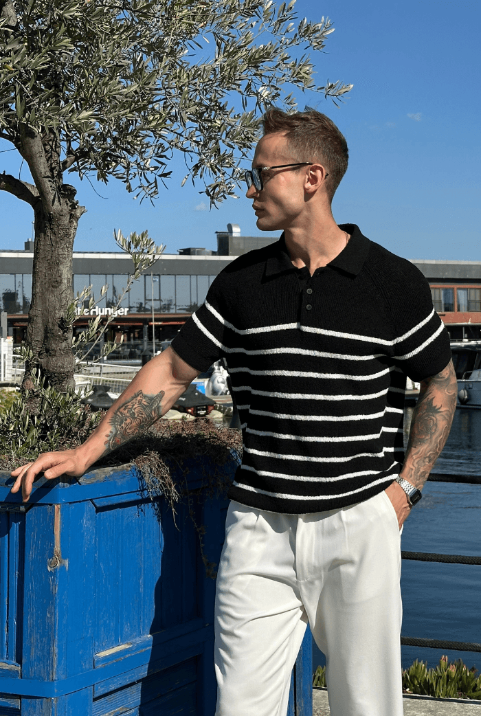 Basic Polo Yaka Triko Kumaş Tişört - Siyah-Beyaz Çizgili