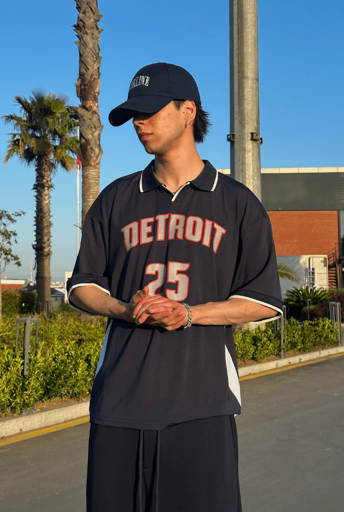Detroit Baskılı Polo Yaka Premium Oversize Jersey