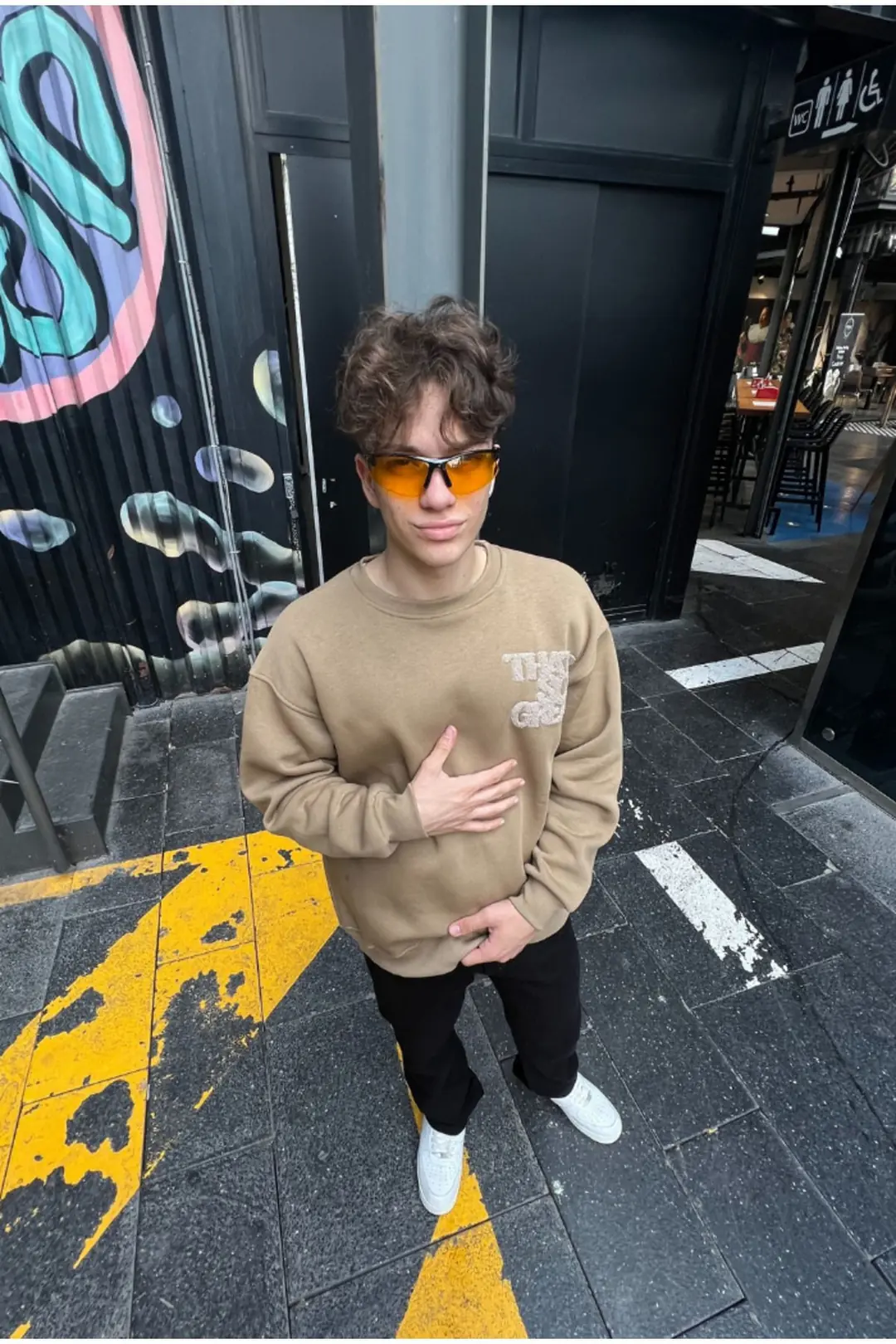 Bej Baskılı Bisiklet Yaka Oversize Sweat