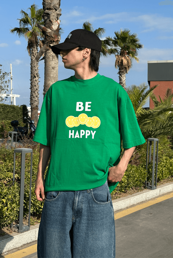 Be Happy Baskılı Oversize T-shirt - Yeşil