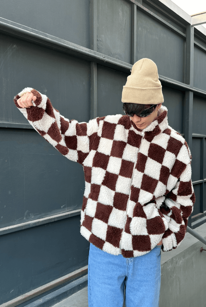 Peluş kareli oversize zip çeket