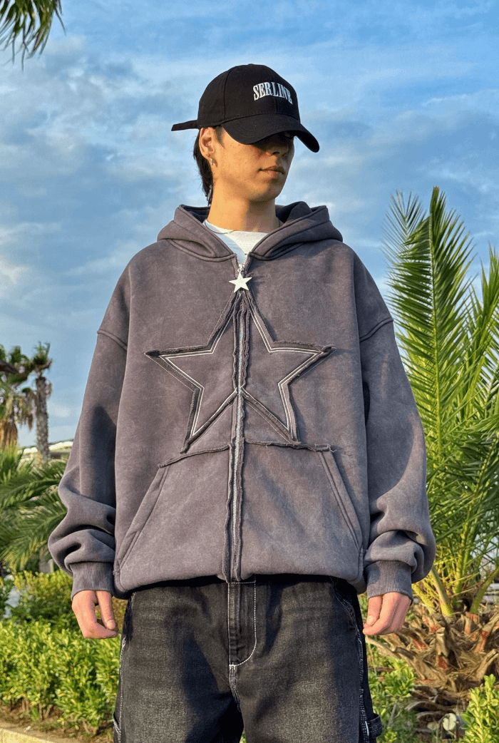 Premium Acid Wash Star Nakış Oversize Zip - Gri