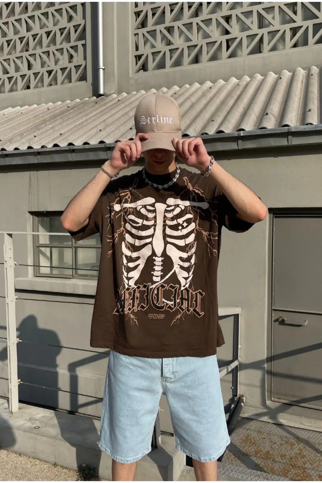 Rib Printed Brown Oversize T-shirt