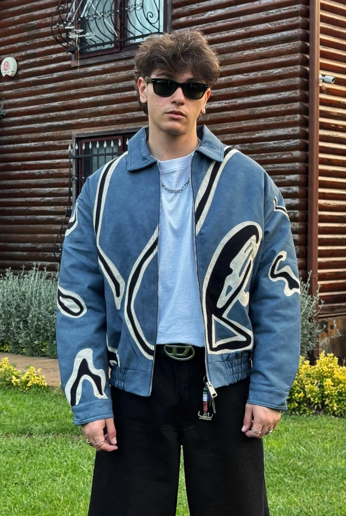 Premium Nakış Detaylı Oversize Deri Ceket - Mavi