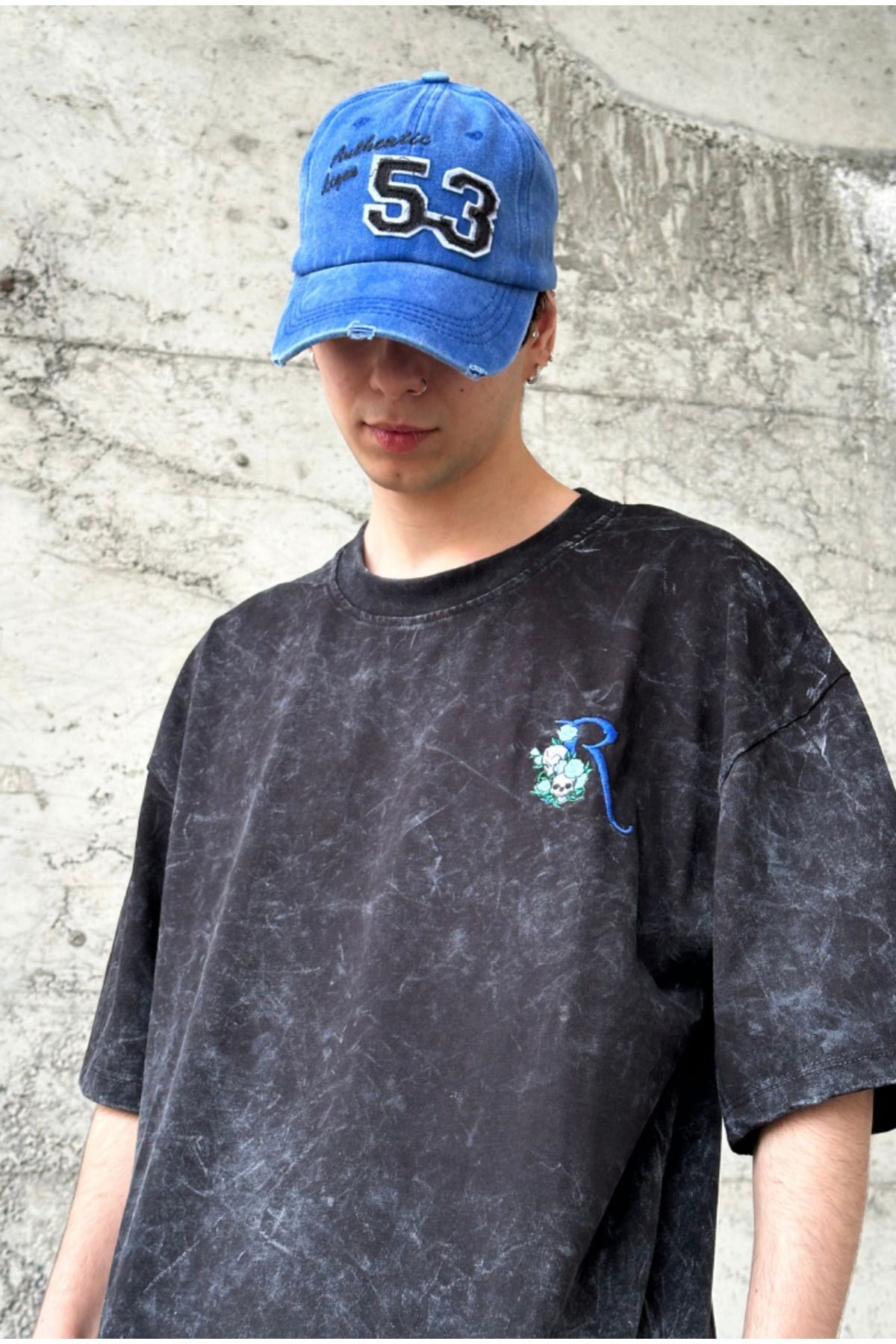 Acid Wash Minimal Nakış Baskılı Oversize T-shirt