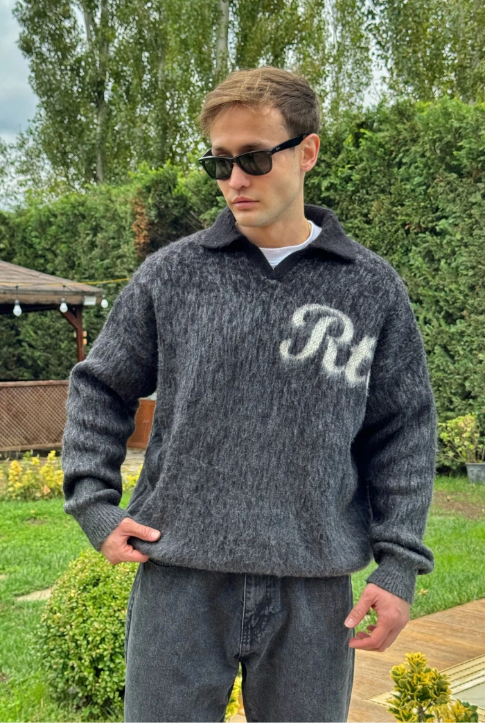 Polo Yaka RTR Baskılı Oversize Premium Kazak