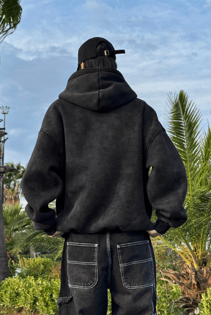 Premium Acid Wash Star Nakış Oversize Zip