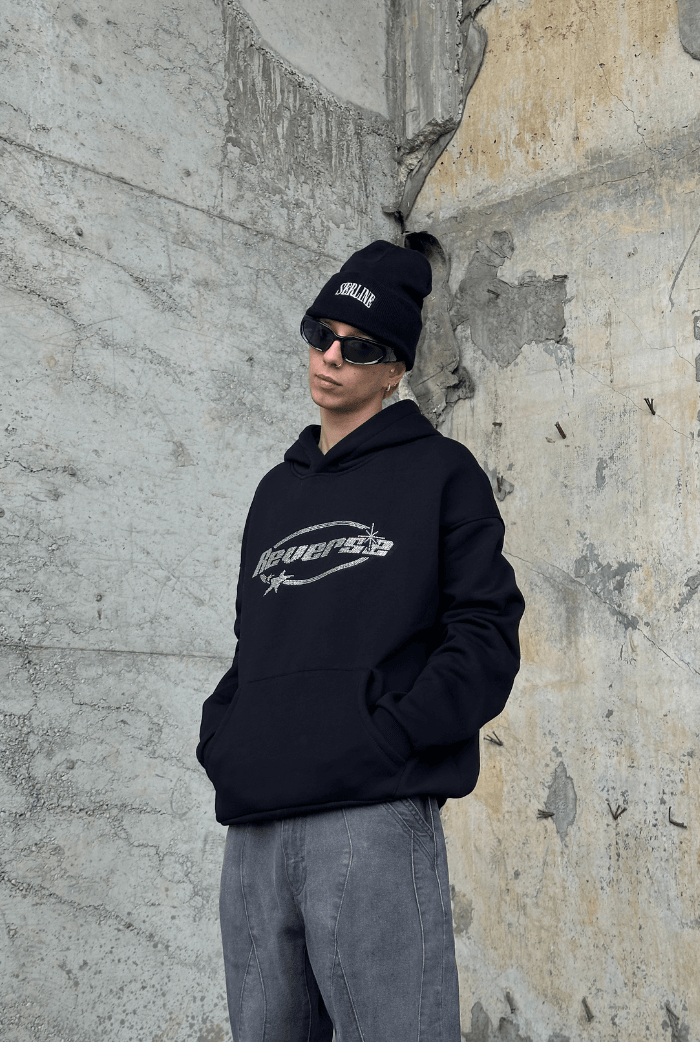 Reverse Taş Baskılı Oversize Hoodie