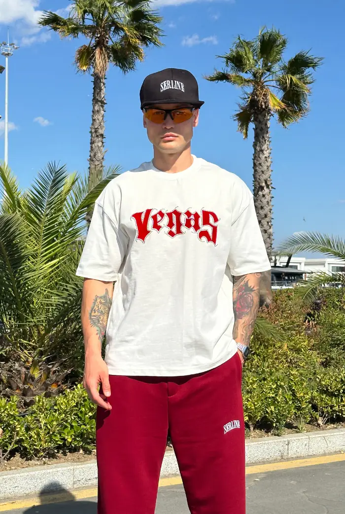 Vegas Taş Baskılı Beyaz Oversize Tişört