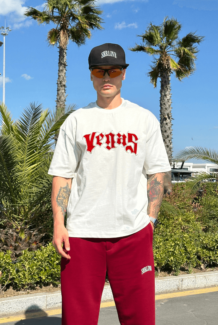 Vegas Taş Baskılı Beyaz Oversize Tişört - Beyaz