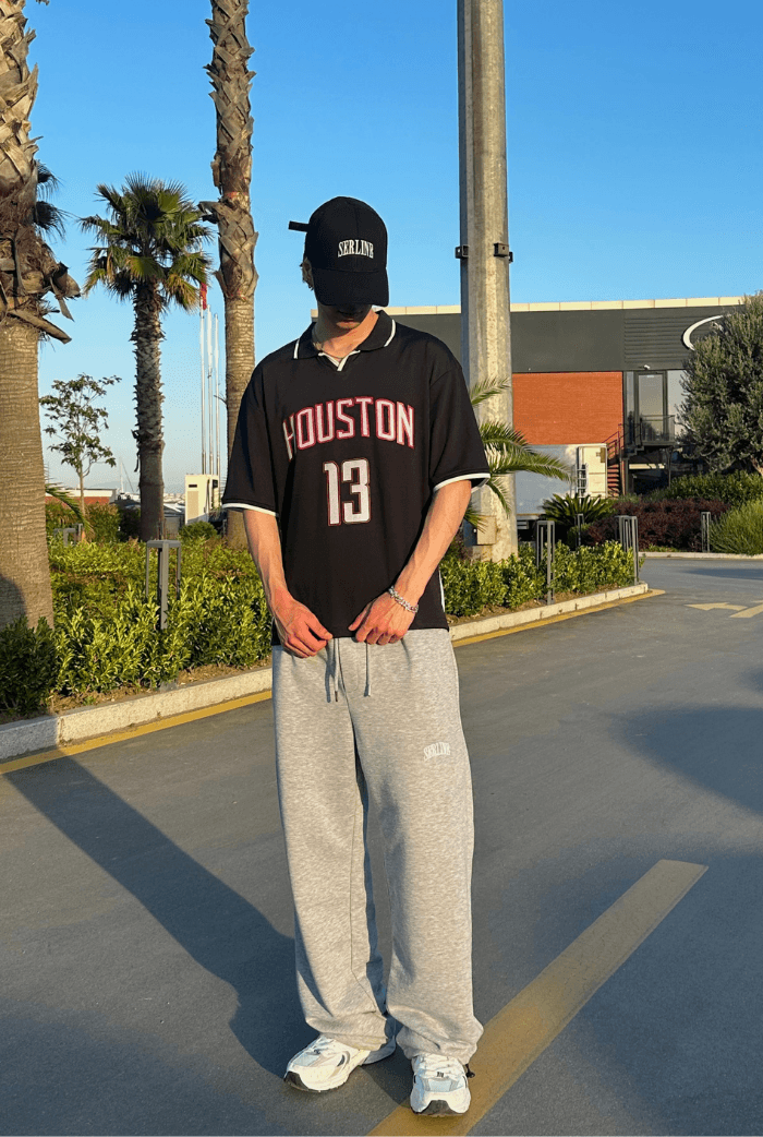 Houston Baskılı Polo Yaka Premium Oversize Jersey