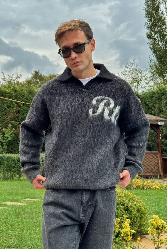 Polo Yaka RTR Baskılı Oversize Premium Kazak