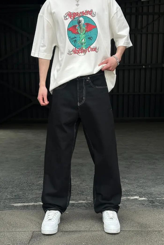 Siyah Ters Dikiş Detay Baggy Pantolon