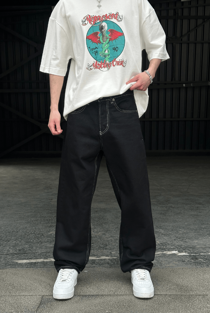Siyah Ters Dikiş Detay Baggy Pantolon
