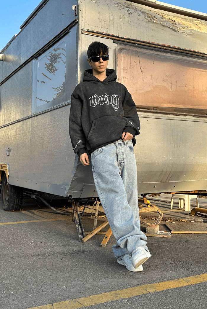 ANDY Acid Wash Nakış Baskılı Oversize Hoodie
