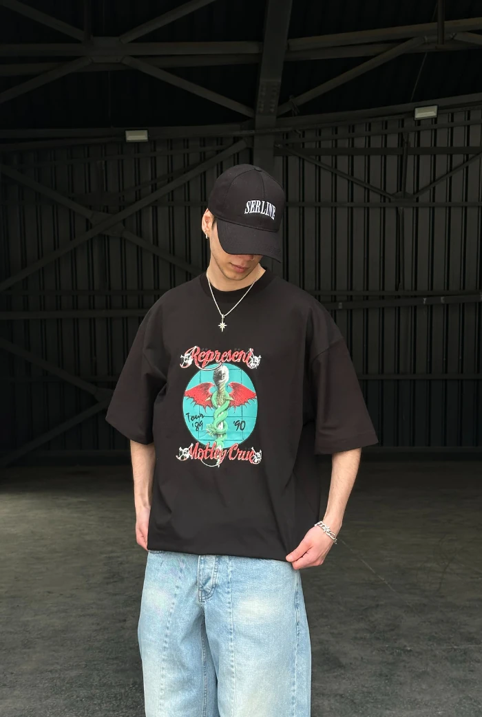 Represent Baskılı Oversize T-shirt - Siyah