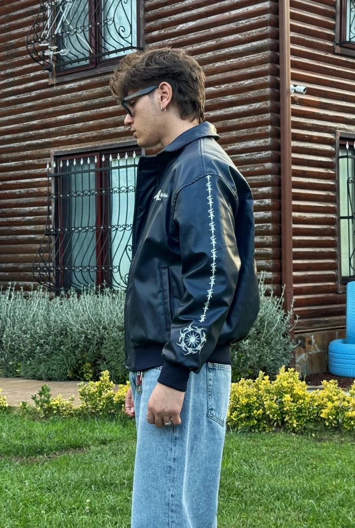 Premium Nakış Detaylı Bomber Oversize Deri Ceket