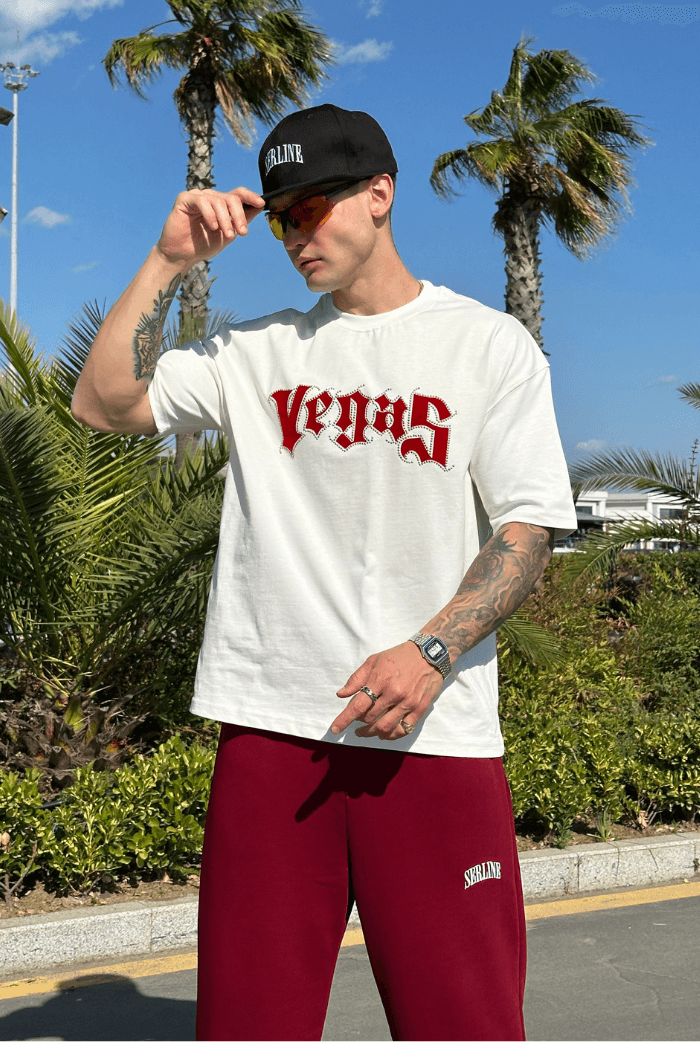 Vegas Taş Baskılı Beyaz Oversize Tişört