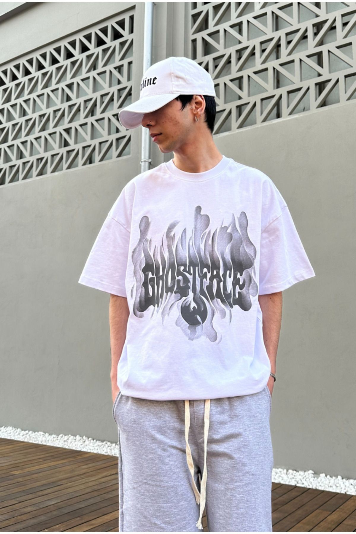 Ghost Face Printed Beyaz Oversize T-shirt