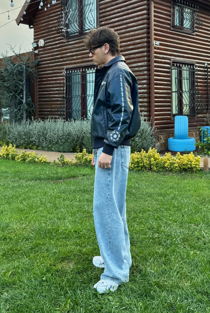 Premium Nakış Detaylı Bomber Oversize Deri Ceket