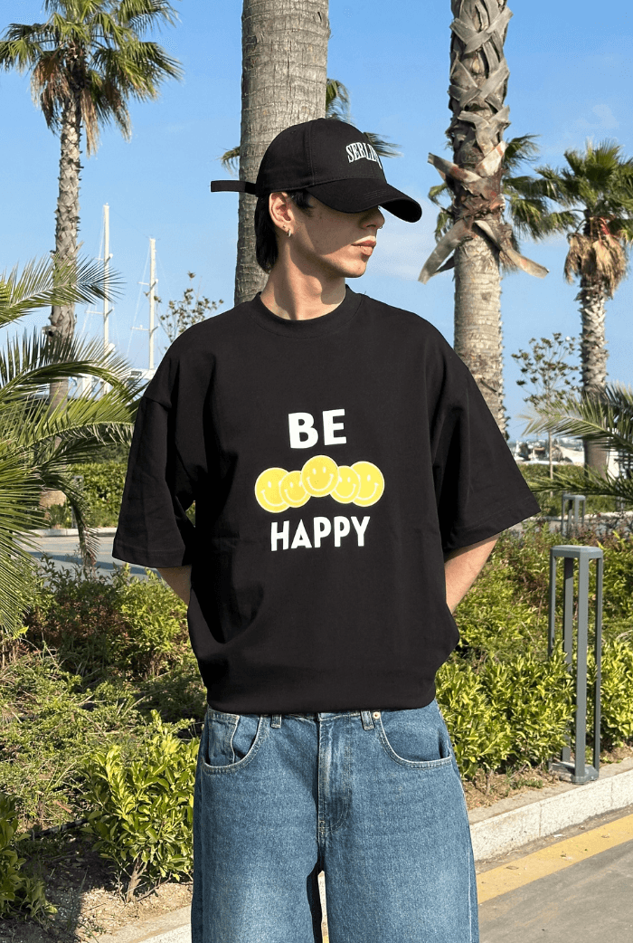 Be Happy Baskılı Oversize T-shirt