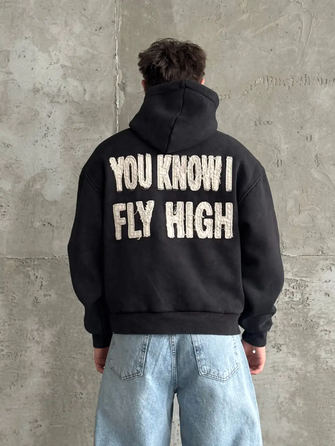 You Know I Fly High Nakışlı Yıkamalı Oversize Hoodie