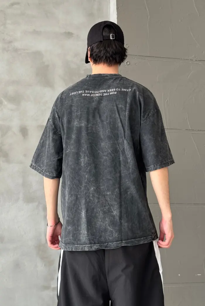 Lost Baskılı Acid Wash Oversize T-shirt