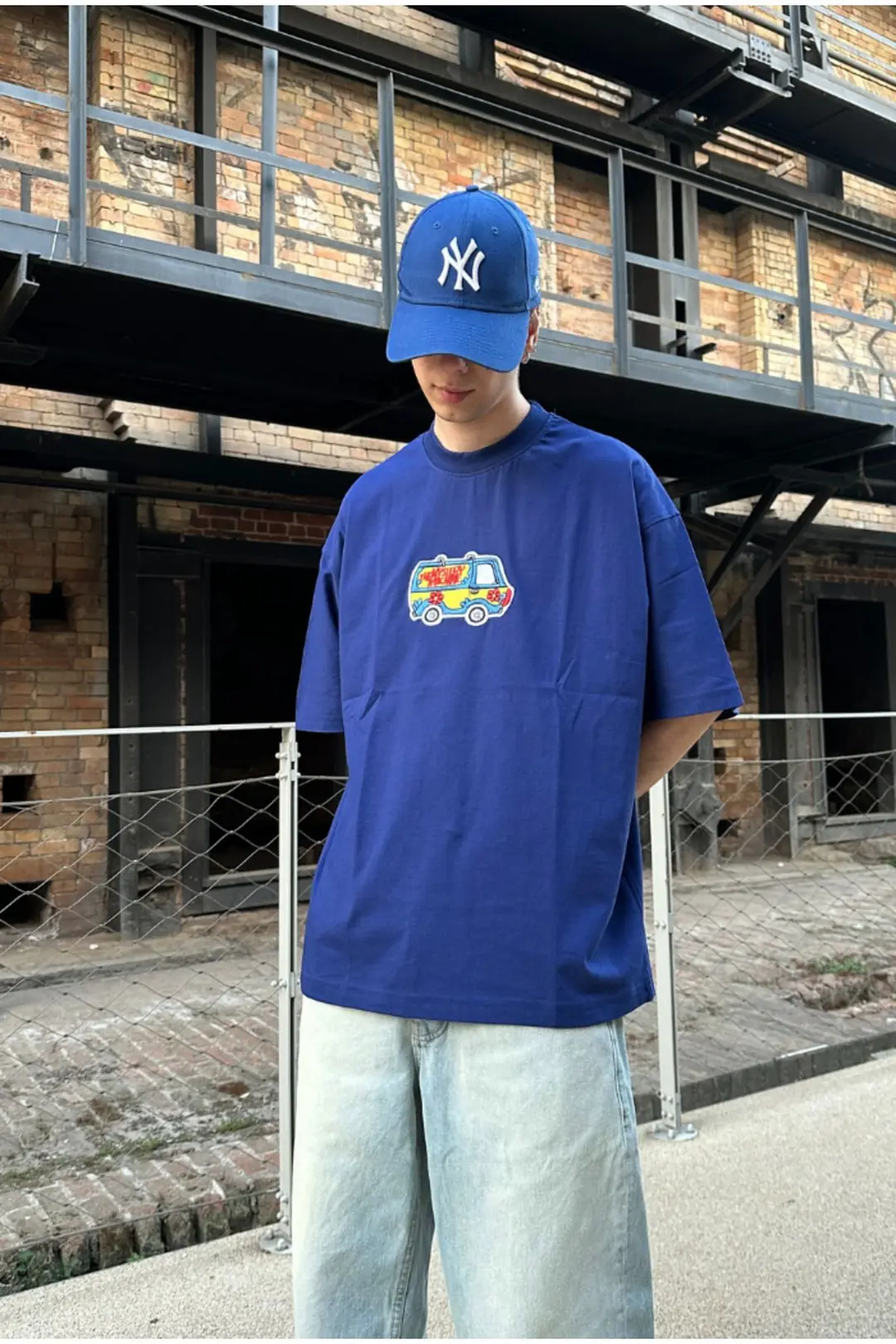 Nakış Baskılı Mavi Oversize T-shirt