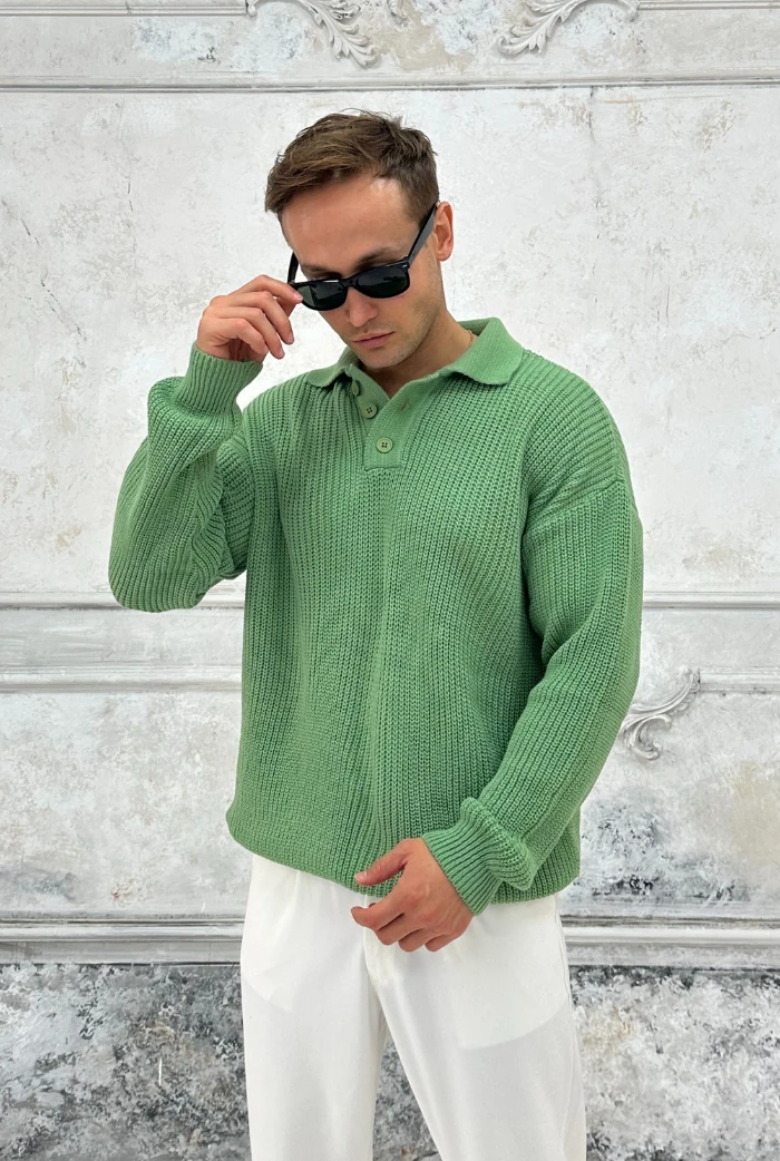 Polo Yaka Oversize Kazak - Fıstık Yeşili