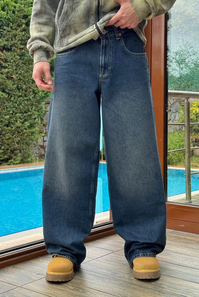 Koyu Mavi Eskitmeli Extra Baggy Pantolon