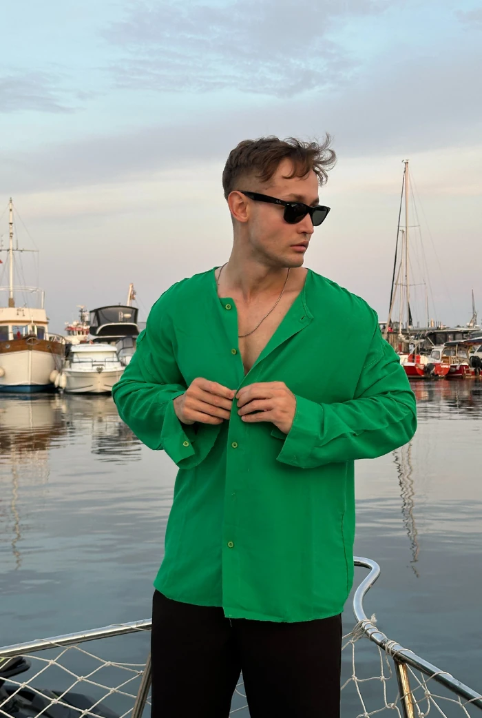 Basic Yakasız Oversize Keten Gömlek