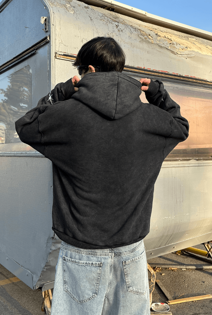 ANDY Acid Wash Nakış Baskılı Oversize Hoodie