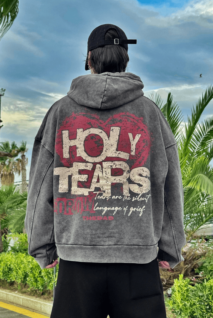 Premium Acid Wash Holly Tears Baskılı Hoodie - Antrasit