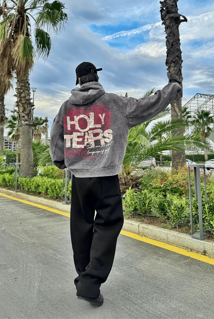 Premium Acid Wash Holly Tears Baskılı Hoodie