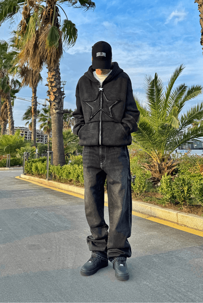 Premium Acid Wash Star Nakış Oversize Zip