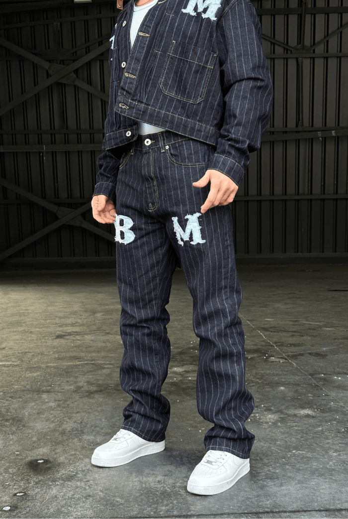 BM Nakışlı Çizgili Baggy Pantolon