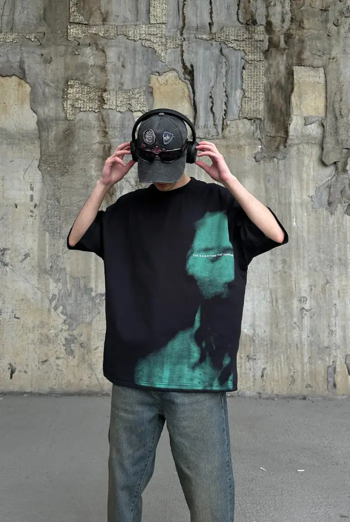 Baskılı Siyah Oversize T-shirt