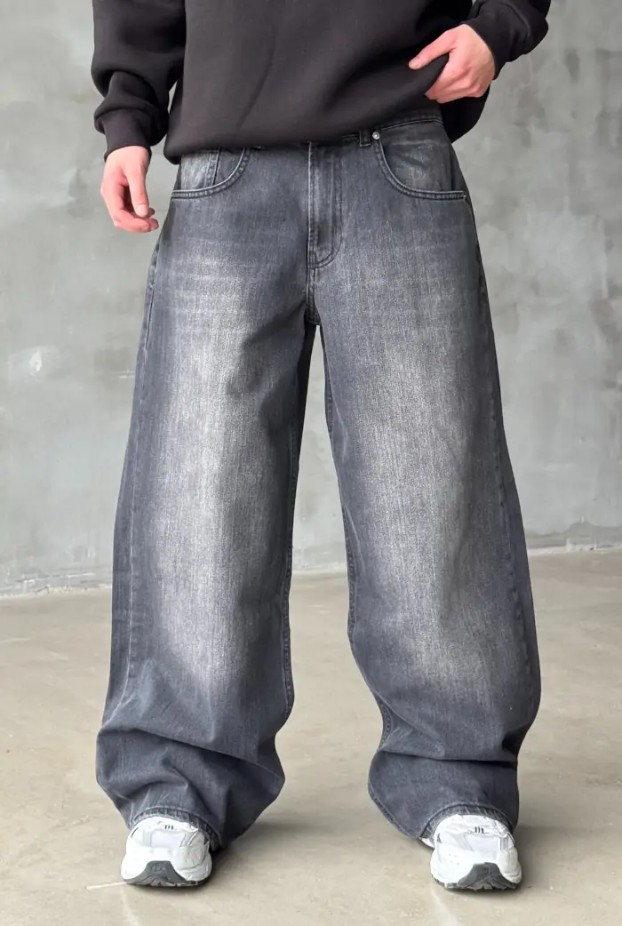 Antrasit Taşlamalı Super Baggy Pantolon