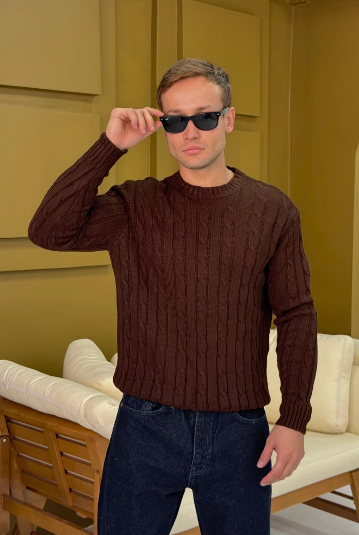 Saç Örgü Kazak - Kahverengi