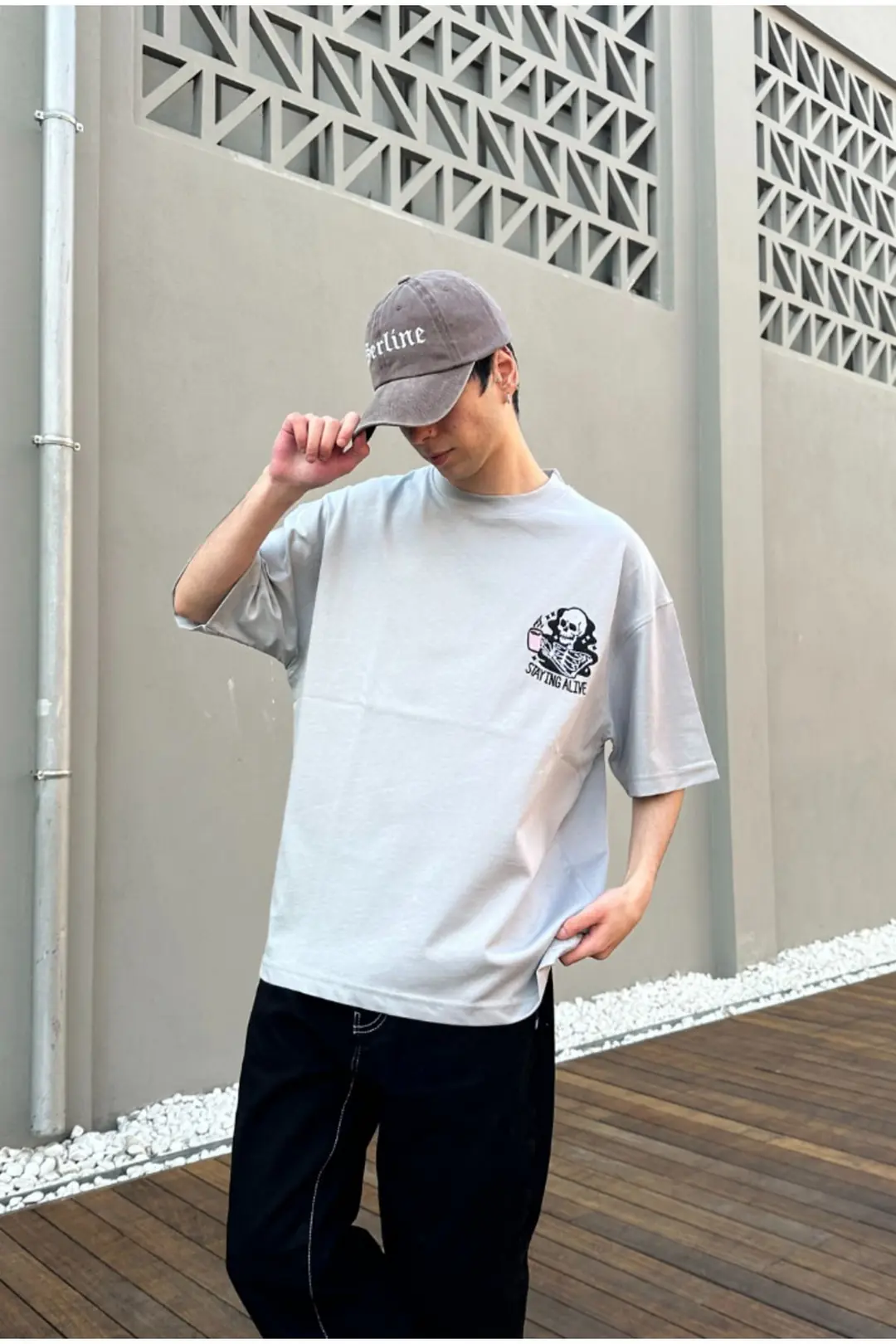 Staying Alive Baskılı Taş Rengi Oversize T-shirt