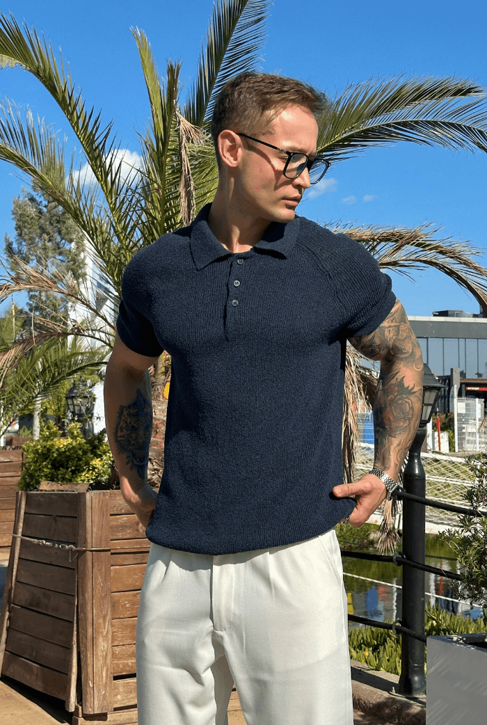 Basic Polo Yaka Triko Kumaş Tişört - İndigo